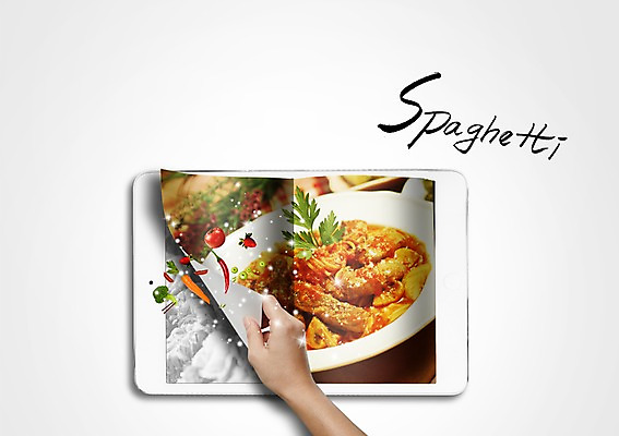 PSD 편집이미지 문자 손 영어 음식 스파게티 요리 한명 사람 신체부위 태블릿 3D 이미지편집 편집3D 1 파스타 전자제품 스마트기기 디지털합성 파일형식