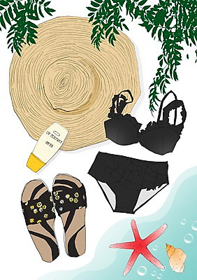 PSD 모자 여행 신발 일러스트 휴가 조개 불가사리 해변 사람없음 비키니 선크림 여행준비 국내일러스트 잡화 수영복 바다 어패류 극피동물 화장품 준비 파일형식