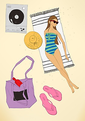 전신 PSD 모자 여자 수영복 여행 가방 일러스트 휴가 슬리퍼 한명 사람 성인 선글라스 눕기 선탠 해수욕장 돗자리 축음기 국내일러스트 1 잡화 옷 안경 바다 음향기기 신발 모션 골동품 파일형식