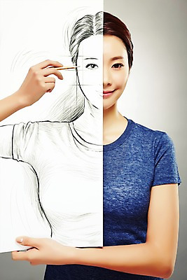 PSD 편집 편집이미지 여자 얼굴 포토일러 실내 한명 사람 동양인 상반신 성인 뷰티 연필 한국인 반팔티셔츠 성형수술 스케치 과정 의료성형뷰티 여자만 여자한명만 성인여자만 성인만 이미지편집 1 컨셉 티셔츠 학용품 미술 인종 내부 신체부위 필기구 수술 파일형식