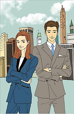 주간 PSD 여자 남자 일러스트 비즈니스 사람 정장 빌딩 성인 야외 두명 팔짱 도시 비즈니스맨 비즈니스우먼 만화 아트툰 국내일러스트 자연요소 옷 모션 건물 직장인 그림 파일형식