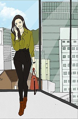 PSD 여자 가방 일러스트 비즈니스 창문 실내 한명 사람 빌딩 성인 건물 비즈니스우먼 만화 통화 아트툰 국내일러스트 1 건축물 잡화 모션 내부 직장인 그림 파일형식