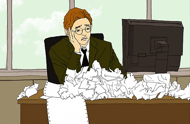 PSD 남자 종이 의자 일러스트 비즈니스 창문 실내 한명 사람 성인 사무실 모니터 턱괴기 비즈니스맨 쓰레기 만화 책상 아트툰 국내일러스트 1 가구 모션 내부 컴퓨터 직장인 그림 파일형식