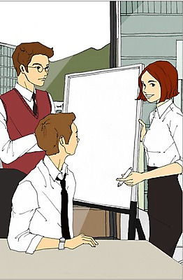 PSD 여자 남자 일러스트 비즈니스 창문 회의 실내 사람 정장 빌딩 성인 세명 사무실 펜 비즈니스맨 비즈니스우먼 만화 책상 화이트보드 아트툰 성인만 국내일러스트 옷 가구 내부 건물 필기구 직장인 그림 파일형식