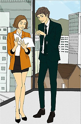 전신 PSD 여자 남자 일러스트 비즈니스 창문 회의 실내 서기 사람 빌딩 성인 두명 책 사무실 업무 비즈니스맨 비즈니스우먼 만화 아트툰 국내일러스트 모션 내부 건물 작업 직장인 그림 파일형식