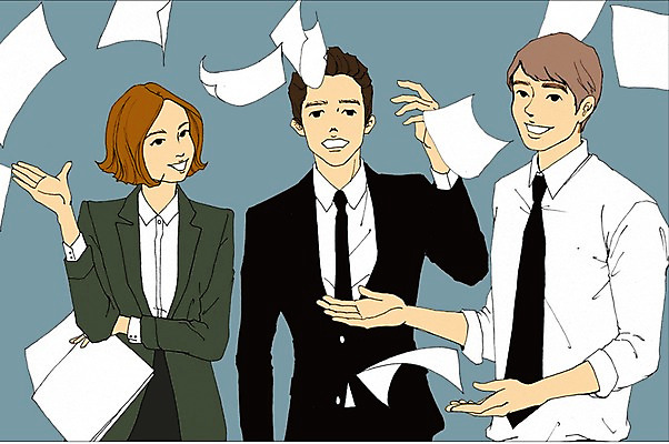 PSD 여자 남자 종이 일러스트 비즈니스 사람 정장 성인 세명 비즈니스맨 비즈니스우먼 만화 문서 아트툰 성인만 국내일러스트 옷 직장인 그림 파일형식