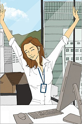 PSD 여자 일러스트 비즈니스 창문 실내 한명 사람 성인 건물 컴퓨터 사무실 모니터 키보드 마우스 비즈니스우먼 만화 책상 기지개 사원증 아트툰 국내일러스트 1 건축물 가구 모션 내부 전자제품 컴퓨터용품 직장인 그림 파일형식