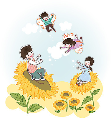 식물 여자 남자 꽃 딸 행복 아들 어린이 날개 일러스트 가족 엄마 해바라기 사랑 사람 여러명 성인 화목 다정 아빠 국내일러스트 AI파일 감정 다수 컨셉 관계 파일형식 벡터