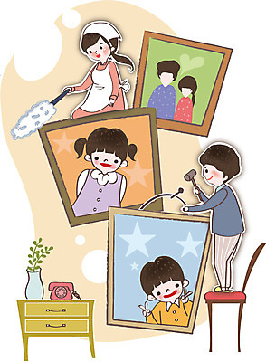 여자 남자 딸 행복 아들 어린이 액자 의자 일러스트 가족 엄마 사랑 사람 여러명 성인 화목 다정 하트 못 아빠 망치 먼지떨이 청소 서랍장 기념사진 국내일러스트 AI파일 모양 감정 가구 다수 컨셉 관계 공구 청소도구 파일형식 벡터