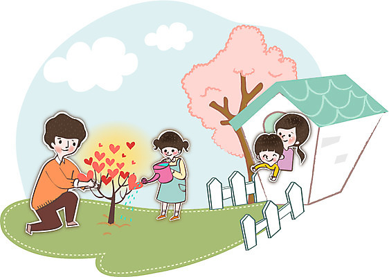 나무 식물 여자 남자 딸 행복 아들 어린이 일러스트 가족 엄마 주택 사랑 사람 여러명 성인 울타리 화목 다정 물뿌리개 하트 아빠 물주기 나무심기 국내일러스트 AI파일 모양 감정 다수 컨셉 관계 모션 건물 담장 심기 파일형식 벡터