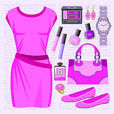 EPS 해외이미지 디자인 드레스 옷 여자 분홍색 백그라운드 신발 가방 일러스트 세트 유행 귀걸이 화장품 립스틱 수집 손목시계 향수 그림 매니큐어 아이섀도 스타일 해외202004 해외일러스트 잡화 시계 컬러 장신구 사람 뷰티 파일형식 벡터 이미지허브