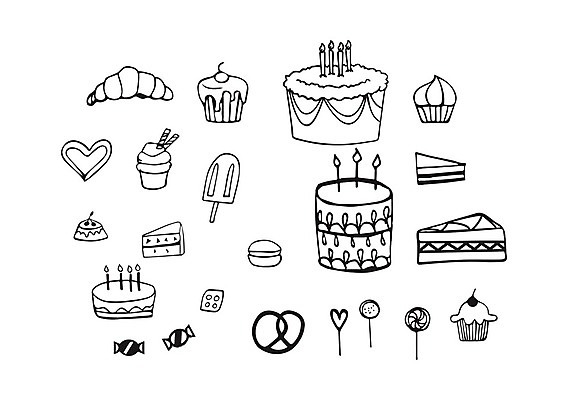 EPS 해외이미지 실루엣 백그라운드 일러스트 사탕 세트 파티 케이크 검은색 흰색 생일 수집 손그림 고립 페스츄리 해외202004 해외일러스트 기념일 빵 컬러 디저트 촬영기법 이벤트 파일형식 벡터 이미지허브