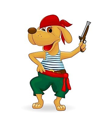 EPS 해외이미지 동물 캐릭터 일러스트 포유류 서기 미소 빨간색 초록색 반려동물 노란색 개 만화 해적 해외202004 해외일러스트 일러캐릭터 컬러 모션 표정 도둑 파일형식 벡터 이미지허브