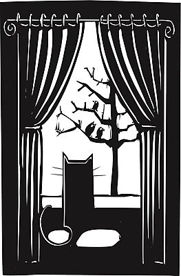 EPS 해외이미지 일러스트 창문 조류 반려동물 고양이 꿈 기아 호기심 사냥 관심 목판화 해외202004 해외일러스트 동물 감정 컨셉 포유류 사회이슈 파일형식 벡터 이미지허브