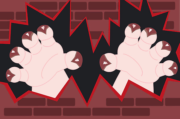 EPS 해외이미지 손 벽 분홍색 일러스트 손가락 벽돌 생물 미술 빨간색 갈색 검은색 못 구멍 그림 몬스터 발톱 해외202004 해외일러스트 컬러 발 문화예술 신체부위 공구 파일형식 벡터 이미지허브