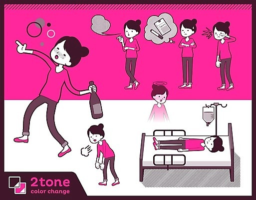 EPS 해외이미지 전신 여자 분홍색 돈 일러스트 엄마 술병 흡연 담배 여러명 성인 세트 죽음 유령 만취 음주 담배연기 병원침대 술취함 흡연자 성인여자만 해외202004 해외일러스트 컬러 다수 가족 병_용기 주류 사람 침대 재산 연기 여자만 성인만 파일형식 벡터 이미지허브