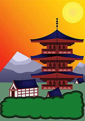EPS 해외이미지 일러스트 하늘 산 주택 풍경 태양 일본 시골 사찰 스타일 해외202004 해외일러스트 자연요소 아시아 종교건축 건물 파일형식 벡터 이미지허브