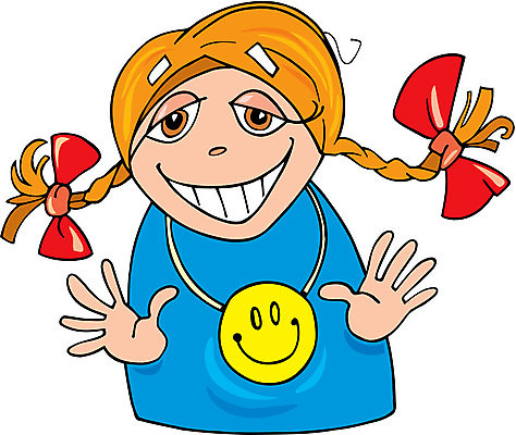 EPS 해외이미지 행복 리본 어린이 일러스트 땋은머리 미소 유머 만화 활 그림 코믹 해외202004 해외일러스트 헤어스타일 감정 표정 사람 파일형식 벡터 이미지허브