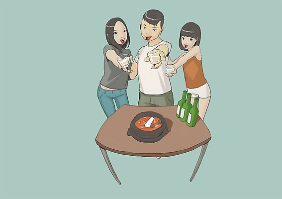 PSD 여자 남자 음식 일러스트 탁자 주류 사람 성인 세명 찌개 건배 소주 소주병 비어피플 소주잔 성인만 국내일러스트 음료 가구 술잔 술병 파일형식