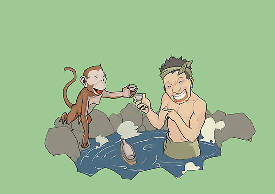 PSD 동물 남자 일러스트 한명 사람 성인 물 온천 돌_바위 바위 원숭이 건배 사케 비어피플 국내일러스트 자연요소 1 포유류 주류 스파 파일형식