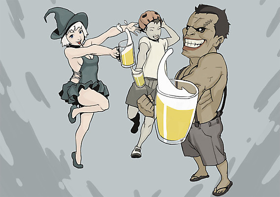 PSD 모자 여자 남자 일러스트 호박 맥주 주류 사람 성인 세명 분장 할로윈 마녀 맥주잔 몬스터 비어피플 코스프레 프랑켄슈타인 성인만 국내일러스트 잡화 음료 채소 술잔 파일형식