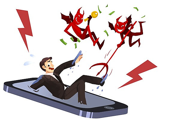 PSD 남자 인터넷 일러스트 열쇠 한명 사람 성인 스마트폰 범죄 바이러스 보호 악마 비밀 보안 삼지창 해킹 국내일러스트 1 창 컨셉 안전 핸드폰 스마트기기 파일형식