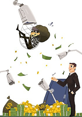 PSD 남자 지폐 돈 일러스트 사람 성인 두명 동전 그물 범죄 보호 비밀 도둑 보안 금고 경호원 감시카메라 성인남자만 국내일러스트 직업 컨셉 안전 카메라 재산 범죄인 남자만 성인만 파일형식