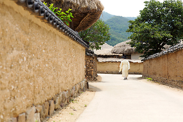 포토 JPG 주간 한국문화 계절 남자 고건축 한국건축 한국 돌담 한명 사람 풍경 야외 뒷모습 여름 걷기 여름풍경 문화재 한복 과거 안동 하회마을 국내포토 자연요소 1 동양문화 한국전통 건축물 건축 아시아 뷰포인트 컨셉 모션 담장 돌_바위 전통의상 경상북도 파일형식 여름_계절