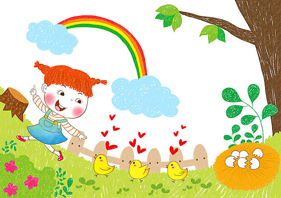 PSD 나무 식물 구름 여자 꽃 어린이 무지개 일러스트 병아리 한명 사람 소녀 울타리 알 둥지 즐거움 어린이세상 소통 교감 소녀한명만 국내일러스트 자연요소 1 감정 컨셉 조류 담장 여자한명만 소녀만 파일형식