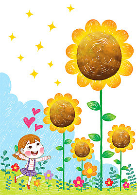 주간 PSD 식물 여자 꽃 어린이 일러스트 해바라기 한명 사람 소녀 야외 즐거움 어린이세상 소녀한명만 국내일러스트 자연요소 1 감정 여자한명만 소녀만 파일형식