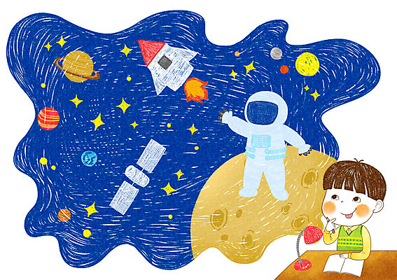 PSD 남자 어린이 일러스트 상상 한명 사람 소년 책 독서 우주 행성 인공위성 로켓 우주비행사 스탠드 책상 즐거움 어린이세상 소년한명만 동심 국내일러스트 1 감정 가구 통신 조명 남자한명만 소년만 파일형식
