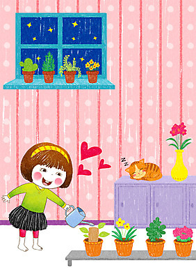 PSD 식물 여자 꽃 화분 어린이 일러스트 창문 집안 선인장 실내 한명 사람 소녀 반려동물 꽃병 고양이 물뿌리개 즐거움 물주기 어린이세상 소녀한명만 국내일러스트 동물 1 감정 포유류 모션 내부 여자한명만 소녀만 파일형식