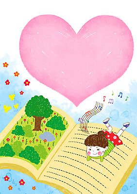 PSD 나무 식물 여자 꽃 어린이 음표 일러스트 한명 사람 소녀 책 독서 하트 즐거움 오선지 어린이세상 소녀한명만 국내일러스트 모양 1 기호 감정 음악 악보 오선 여자한명만 소녀만 파일형식