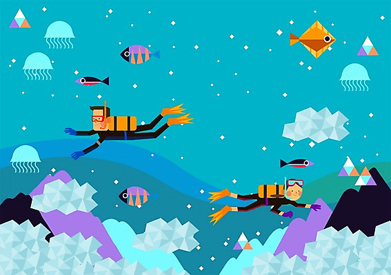 전신 PSD 커플 사계절 계절 여자 남자 스포츠 바다 일러스트 어류 사람 성인 두명 여름 바닷속 잠수 스쿠버다이빙 해파리 국내일러스트 관계 수중 수중동물 수상스포츠 자포동물 파일형식