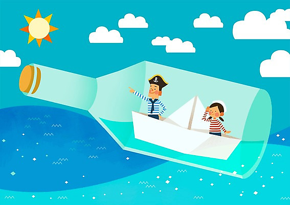 PSD 구름 커플 사계절 계절 여자 남자 바다 데이트 일러스트 유리병 항해 사람 상반신 성인 두명 여름 태양 승차 종이배 선원 선장 국내일러스트 자연요소 배_교통 관계 모션 병_용기 종이접기 파일형식