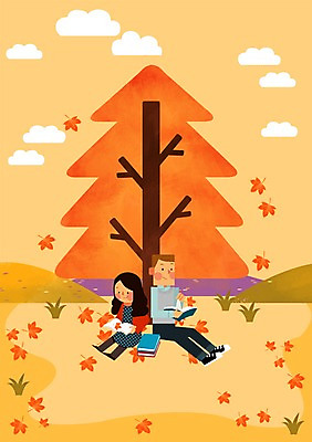 전신 PSD 나무 구름 커플 사계절 계절 여자 남자 단풍 데이트 일러스트 단풍나무 사람 앉기 성인 두명 책 독서 가을 국내일러스트 자연요소 식물 잎 관계 모션 파일형식