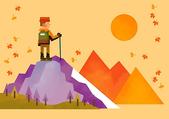 전신 PSD 나무 사계절 계절 남자 단풍 낙엽 일러스트 지팡이 산 한명 서기 들기 사람 성인 태양 노을 등산 가을 등산객 정산 국내일러스트 자연요소 식물 1 잎 모션 트래킹 파일형식