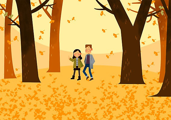 전신 PSD 나무 커플 사계절 계절 여자 남자 데이트 일러스트 사람 성인 두명 걷기 산책 가을 은행잎 은행나무 국내일러스트 식물 잎 관계 모션 휴식 파일형식