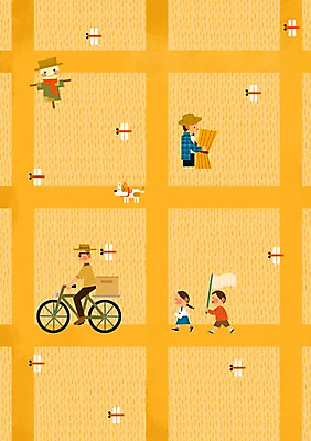 전신 PSD 동물 한마리 사계절 계절 여자 노년 남자 어린이 밭 일러스트 논 사람 여러명 성인 자전거 추수 가을 강아지 잠자리 허수아비 곤충채집 국내일러스트 1 다수 곤충 농업 반려동물 바이크 개 수집 파일형식