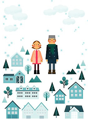전신 PSD 나무 커플 사계절 계절 여자 남자 겨울 일러스트 산 주택 서기 미소 사람 성인 두명 마을 눈 국내일러스트 자연요소 식물 관계 모션 날씨 표정 건물 파일형식