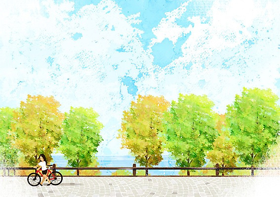 전신 PSD 나무 구름 사계절 계절 여자 길 바다 백그라운드 일러스트 하늘 한명 사람 풍경 여름 걷기 자전거 산책 감성 여자만 여자한명만 국내일러스트 자연요소 식물 1 컨셉 모션 휴식 바이크 파일형식