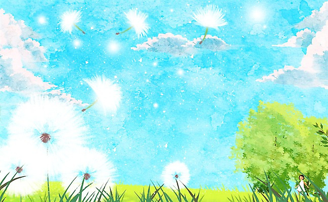 PSD 나무 구름 응시 사계절 계절 여자 꽃 백그라운드 일러스트 하늘 한명 서기 사람 풍경 초원 상반신 봄 풀 민들레 감성 민들레홀씨 여자만 여자한명만 봄배경 국내일러스트 자연요소 식물 1 시선 컨셉 모션 파일형식