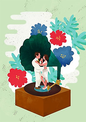 PSD 여자 남자 꽃 문화 예술 음악 잎 일러스트 문화예술 사람 성인 두명 춤 레코드 탱고 국내일러스트 식물 음반 파일형식