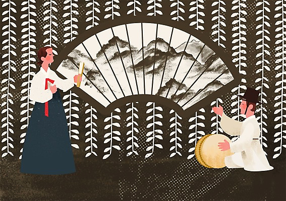 전신 PSD 전통 여자 남자 문화 예술 음악 일러스트 문화예술 서기 사람 앉기 성인 두명 부채 한복 북 소리꾼 판소리 국내일러스트 한국전통 모션 타악기 전통의상 전통공연 파일형식