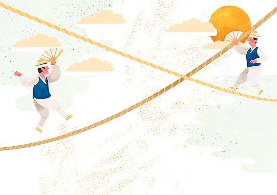 전신 PSD 구름 전통 남자 문화 예술 줄 일러스트 하늘 문화예술 들기 사람 성인 두명 부채 한복 줄타기 재주꾼 성인남자만 국내일러스트 자연요소 한국전통 모션 묘기 전통의상 남자만 성인만 파일형식