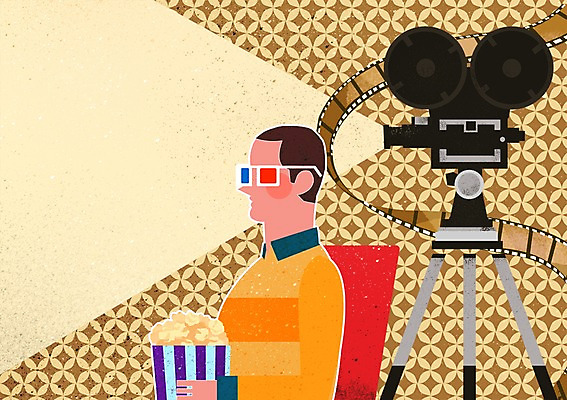 PSD 남자 문화 예술 일러스트 문화예술 한명 사람 앉기 상반신 성인 영화관 필름 영화 팝콘 영상 3D안경 국내일러스트 1 안경 모션 극장 파일형식