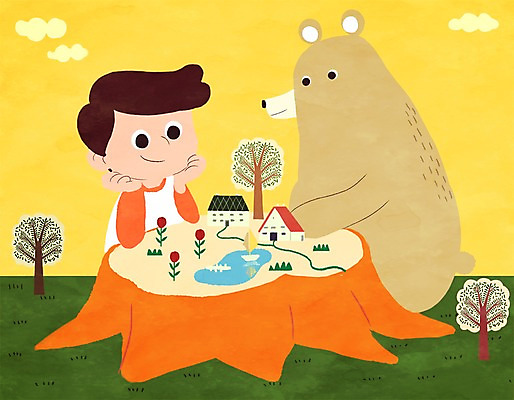 PSD 나무 식물 동물 구름 남자 꽃 어린이 일러스트 곰 놀이 주택 함께함 한명 사람 앉기 소년 상반신 마을 연못 순수 소통 밑둥 소년한명만 국내일러스트 자연요소 1 컨셉 포유류 모션 건물 남자한명만 소년만 파일형식