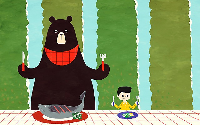 PSD 동물 한마리 남자 어린이 포크 일러스트 곰 함께함 한명 사람 소년 상반신 식사 나이프 순수 소통 소년한명만 국내일러스트 1 식기 컨셉 포유류 칼 남자한명만 소년만 파일형식