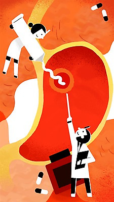 전신 PSD 여자 남자 일러스트 병원 서기 사람 성인 두명 치료 약 진료 간호사 의사 도움 보호 위장 연고 위염 국내일러스트 컨셉 의학 모션 의료진 장기_의학 염증 파일형식