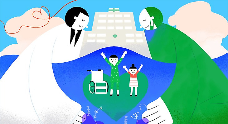 PSD 여자 남자 어린이 일러스트 병원 사람 여러명 성인 치료 환자 의사 하트 도움 보호 휠체어 완치 국내일러스트 모양 다수 컨셉 의학 의료진 파일형식